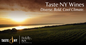 lakeside vineyard at sunset. caption reads: Taste NY Wines. Diverse. Bold. Cool Climate.