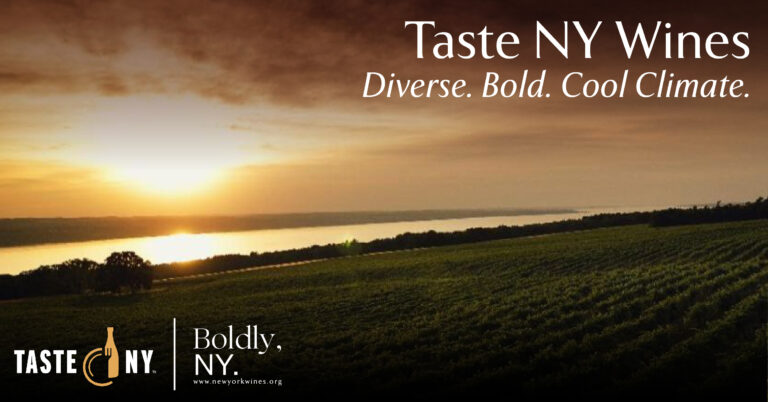 lakeside vineyard at sunset. caption reads: Taste NY Wines. Diverse. Bold. Cool Climate.