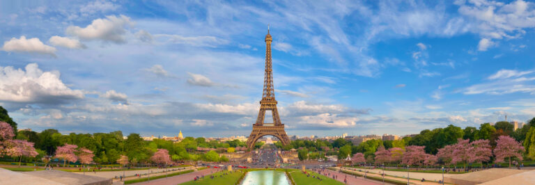 Panoramic image of Eiffel tower from Trocadero in Spring.
