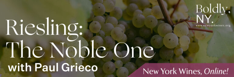 background: white grapes on the vine. overlay text: riesling: the noble one with Paul Grieco