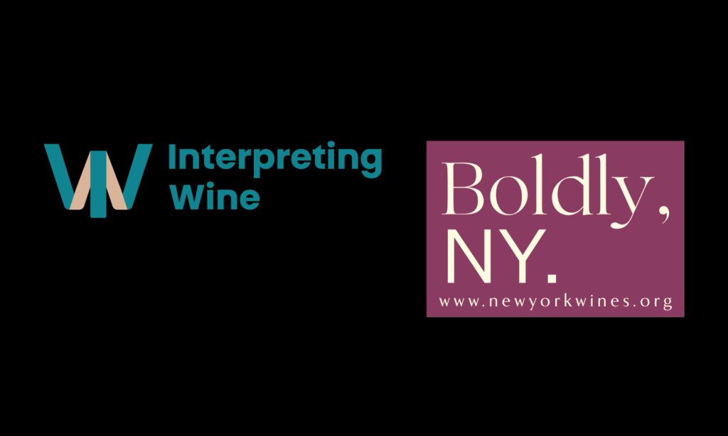 interpreting wine logo and Boldly, NY logo on black background.