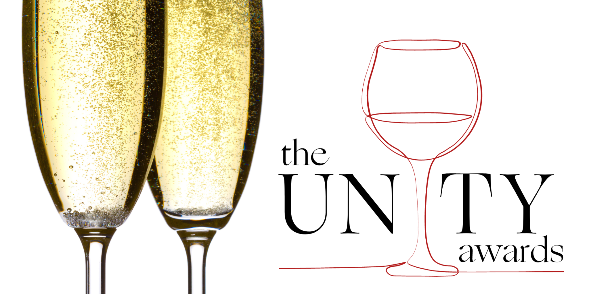 unity awards logo on white background with two glasses of sparkling white wine